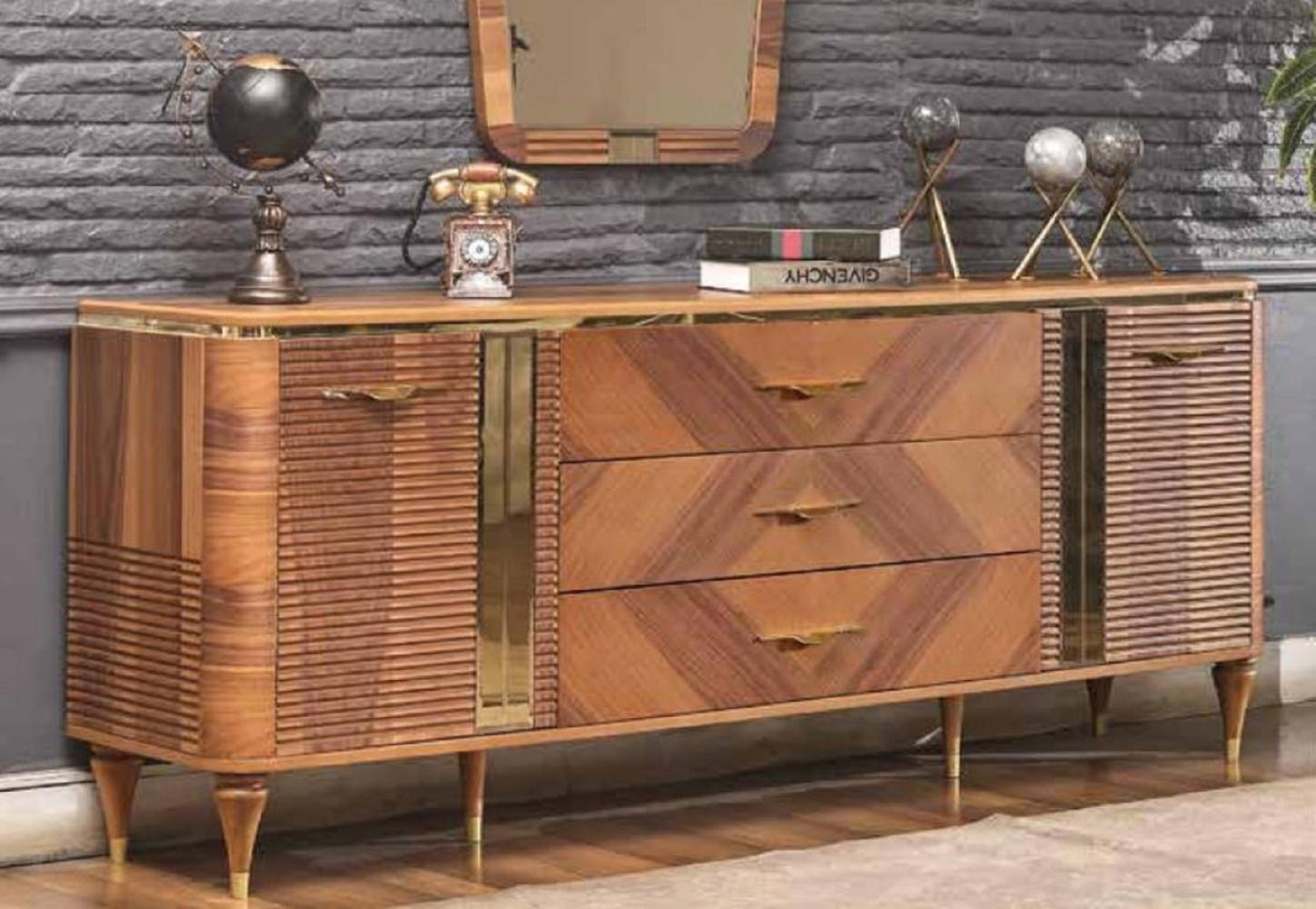 Casa Padrino Luxus Art Deco Sideboard Braun / Gold 200 x 42 x H. 72 cm - Edler Massivholz Schrank mit 2 Türen und 3 Schubladen - Art Deco Möbel - Luxus Möbel Bild 1