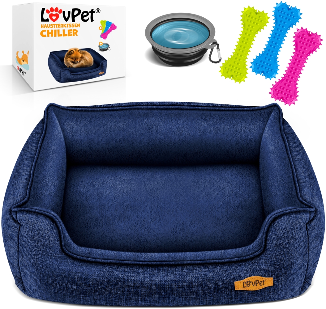 LovPet® Hundebett Hundekissen Hundekorb Chiller, Inkl. Napf + 3X Kauknochen, Hundesofa Kissen für Kleine, Mittelgroße & Große Hunde, Bezug abnehmbar und waschbar Navyblau, M (70 x 55 x 21 cm) Bild 1