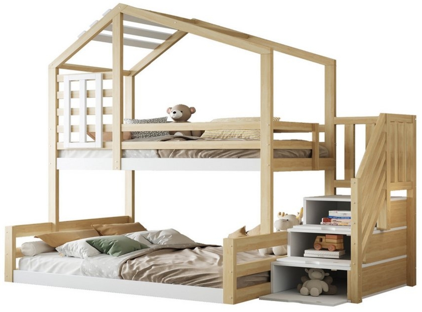 OKWISH Etagenbett Doppelbett,Funktionsbett,mit Stauraum-Treppe (Etagenbett,aus Kiefernholz mit Hausdesign, Geländer & Stauraumtreppe, 90x200cm & 140x200cm), ohne Matratze Bild 1