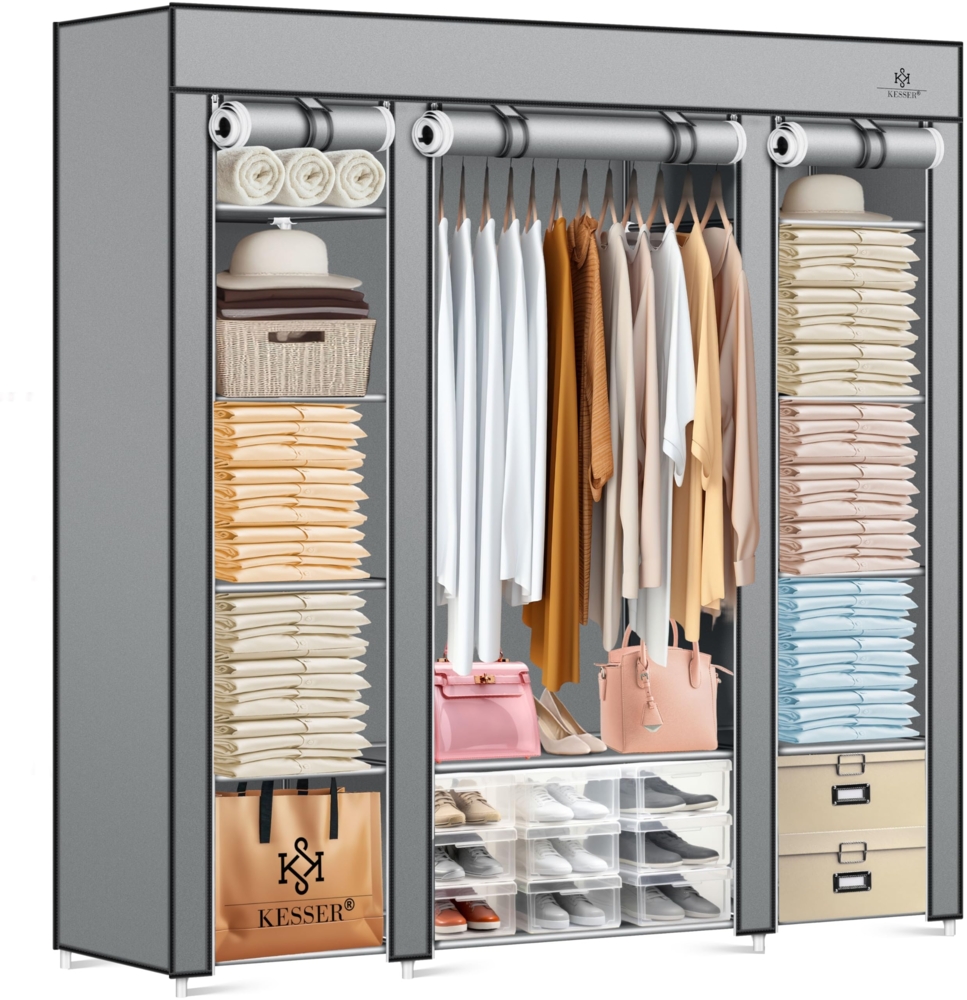 KESSER® Kleiderschrank Stoffschrank Stabil mit Kleiderstange & Ablagen, Inkl. 5X Kleiderbügel, Stoff Faltschrank für Schlafzimmer, Ankleidezimmer Garderobe mit Kleiderständer 150 x 45 x 175 cm Grau Bild 1