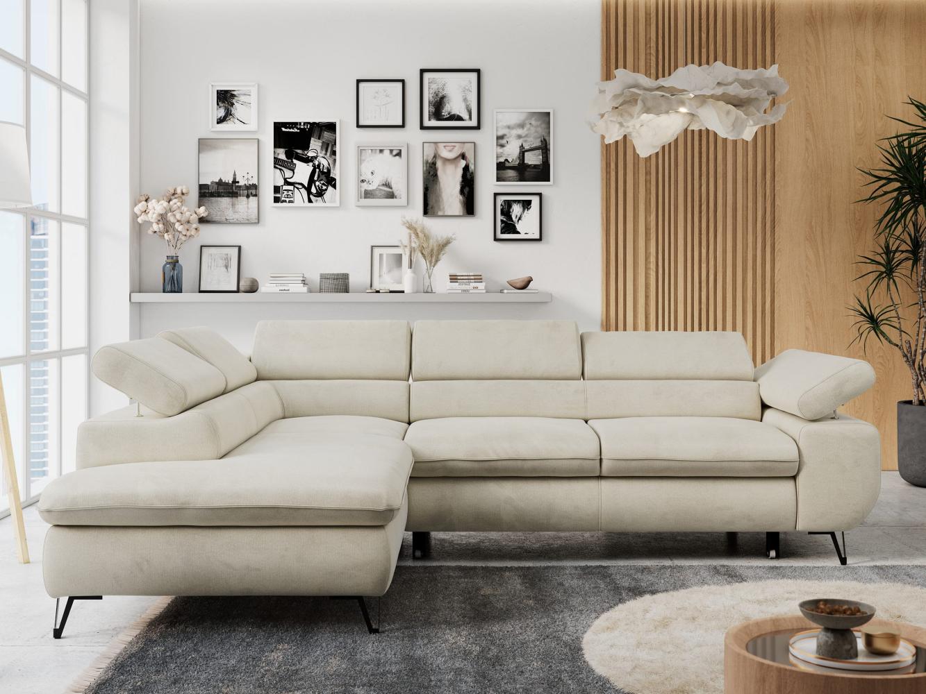 Mks Möbel 'Peter L-form' Ecksofa mit Bettfunktion, Bettkasten & einstellbaren Kopfstützen, Beige, Velours, links Bild 1