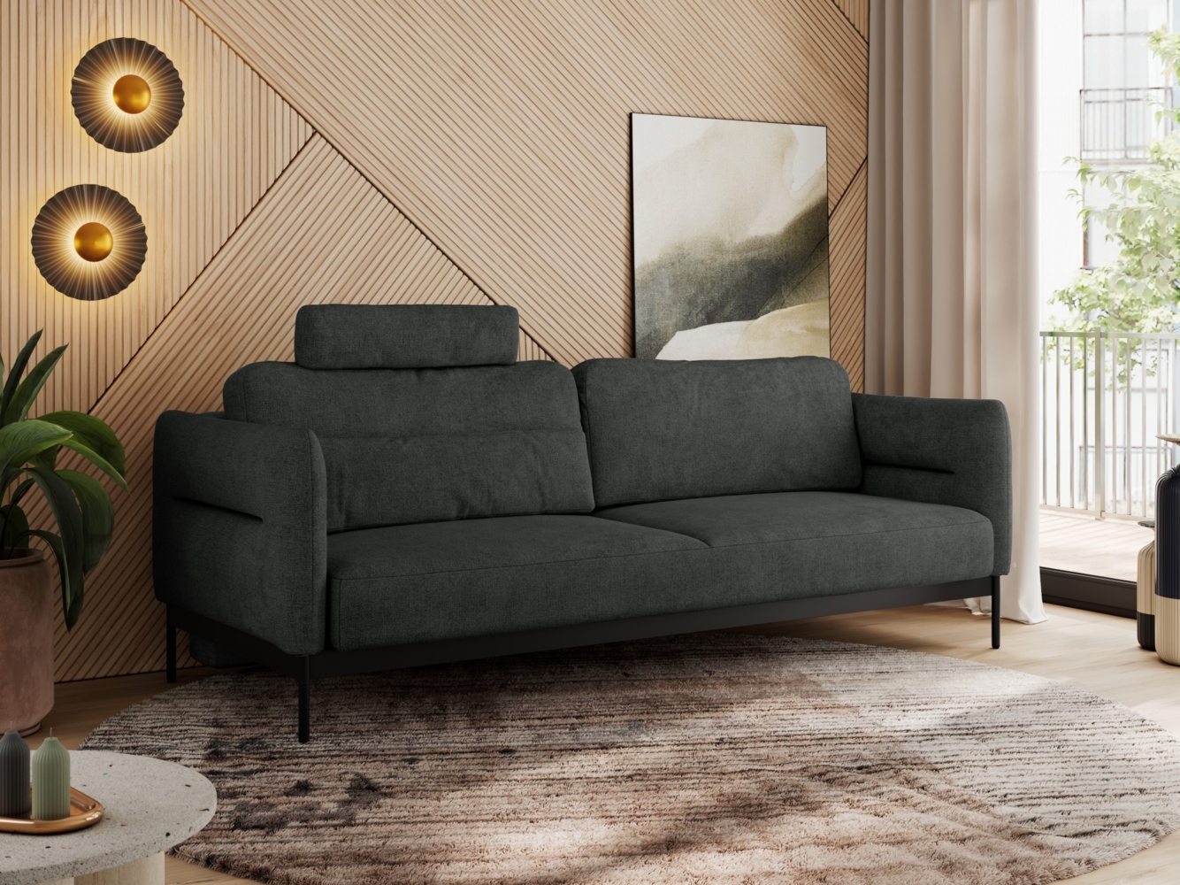 Sofa mit Schlaffunktion, schwarze Metallstruktur, mobile Kopfstütze, Schlafsofa mit losen Kissen - SALENTO - Dunkelgrau Struktur Bild 1