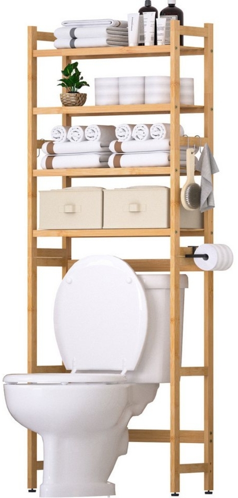 Yorbay Badregal Toilettenregal mit 2 Körben, Bambus WC Regal,59*23.3*166CM, Multifunktional Badezimmerregal,Platzsparend,Einfache Montage Bild 1