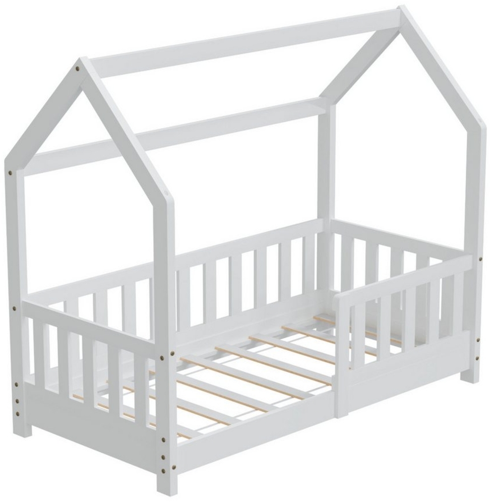 HAGO Kinderbett 70x140cm Weiß Hausbett Dach Rausfallschutz Massivholz Kiefer Spielbett, Montessori inspiriert, Hausform, Niedriger Einstieg,Rausfallschutz Bild 1