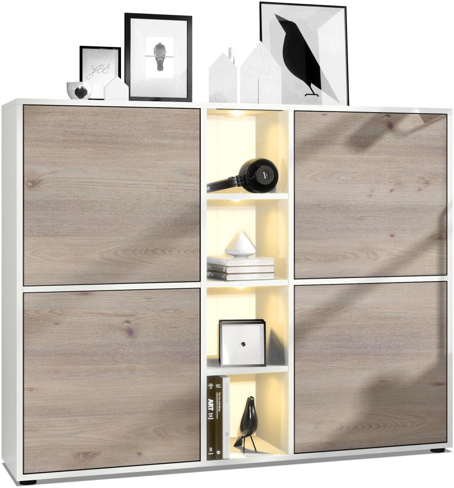 Vladon Highboard Cuba V3, Weiß matt/Eiche Nordic inkl. LED - Moderne Anrichte mit 12 Fächern (130,5 x 105,5 x 35,5 cm) Bild 1