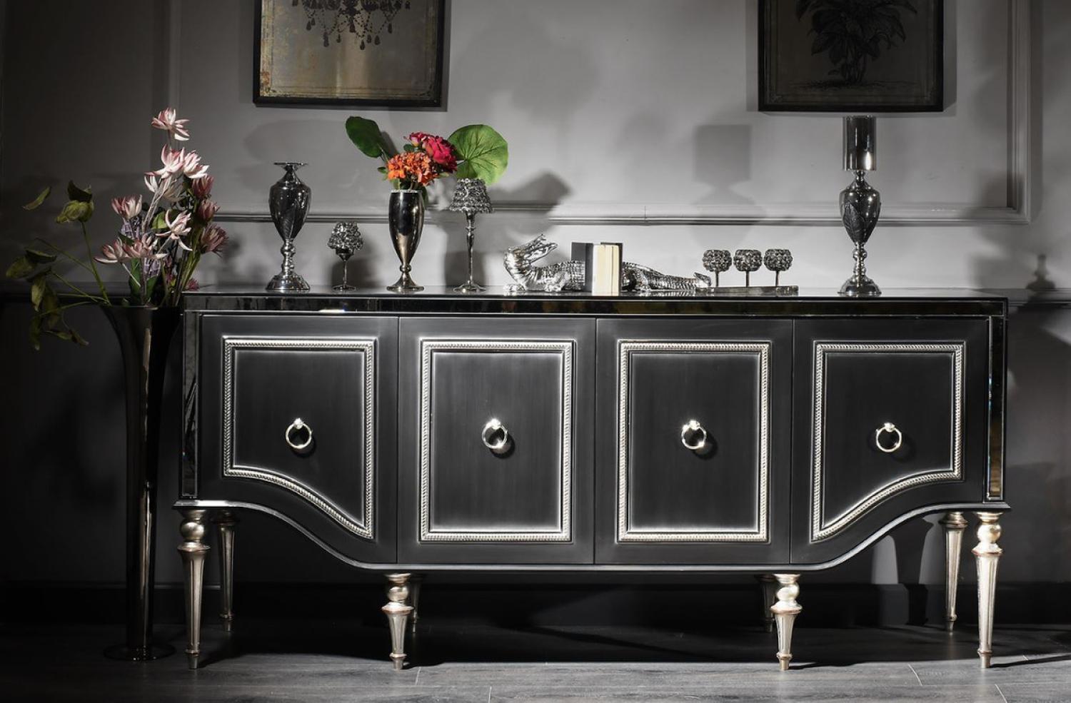 Casa Padrino Luxus Barock Sideboard Schwarz / Silber 220 x 103 x H. 56 cm - Wohnzimmerschrank mit Glasplatte und 4 Türen - Luxus Barock Wohnzimmer Möbel Bild 1