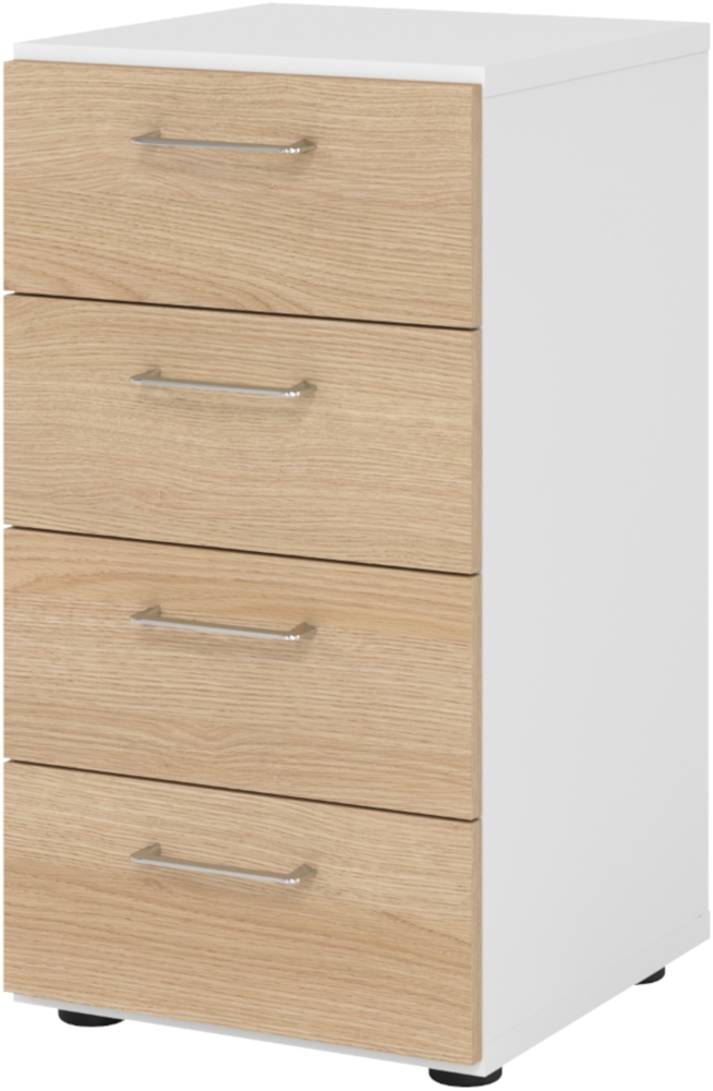 bümö smart Schubladenschrank, Büroschrank in Weiß/Eiche mit 4 Schüben - Bürocontainer aus Holz, Container mit Metallgriffen & Soft-Stop Schubladen, 924S4-W-E-BS Bild 1
