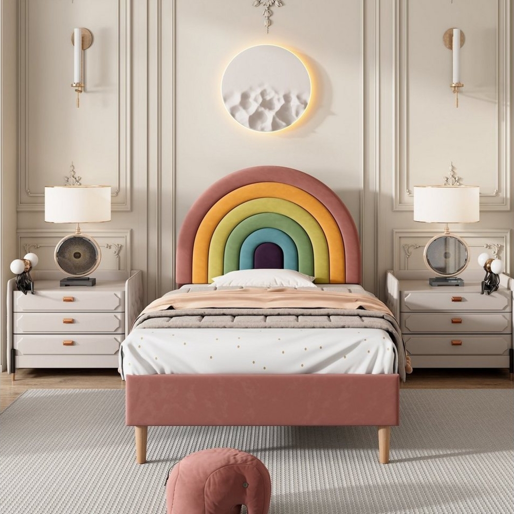 Ulife Kinderbett Polsterbett Jugendbett mit höhenverstellbarem Kopfteil Regenbogen-Samt, Holzlattenunterstützung,90x200 cm Bild 1