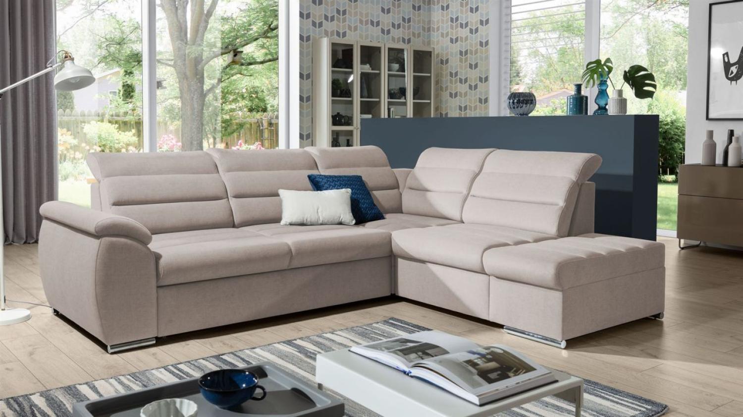 Ecksofa Schlafsofa Sofa PASCARA in Stoff Esito Beige Ottomane Rechts Bild 1