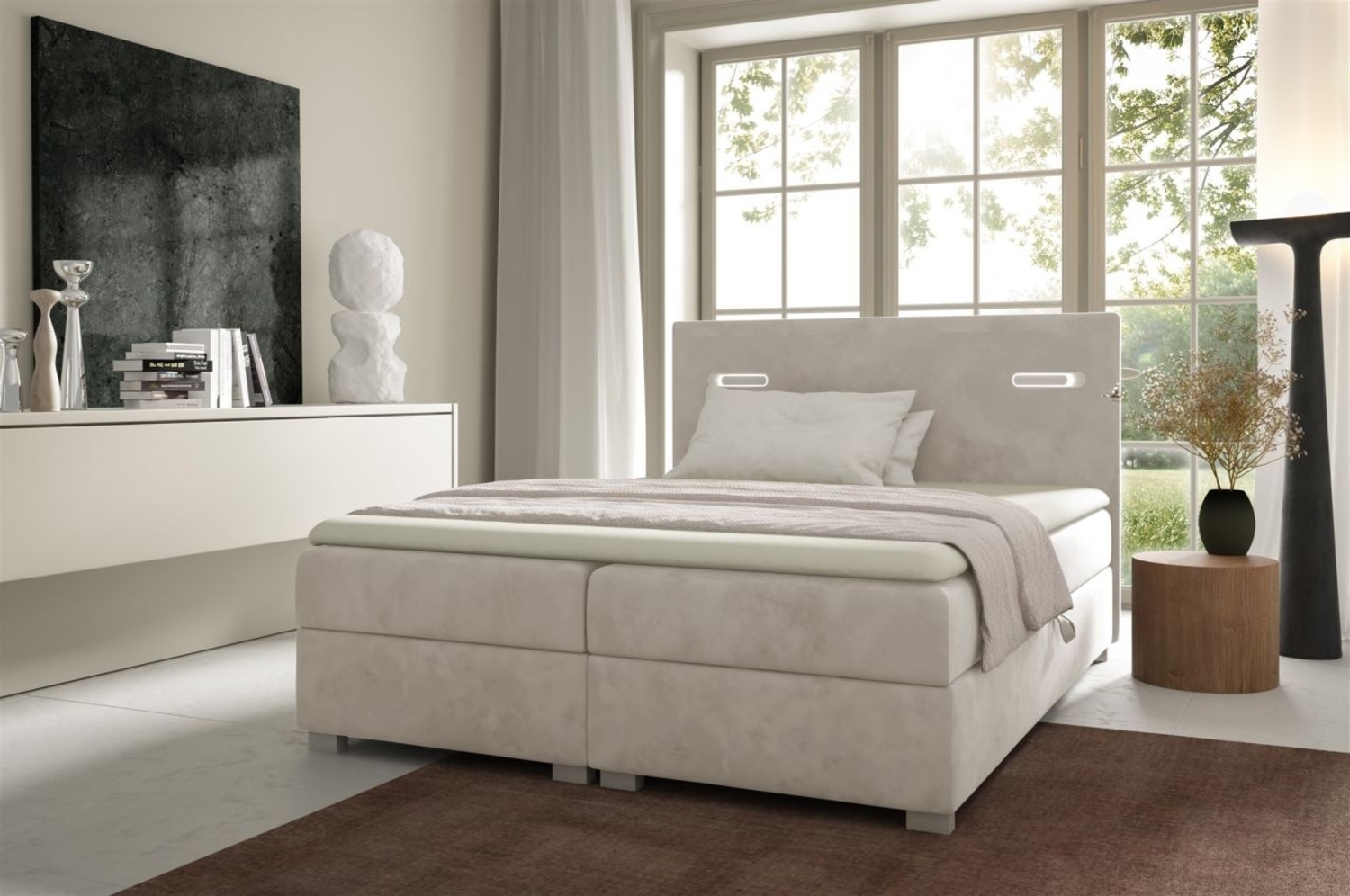 Boxspringbett Schlafzimmerbett CAPRICE 200x220cm Creme inkl. Ambiente-LED Bild 1