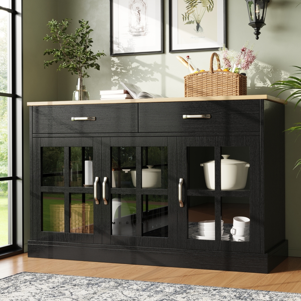 Merax Küchenschrank (120×40×84cm), Vorratsschrank, Esszimmerschrank für Küche, Esszimmer und Wohnzimmer, Modernes Sideboard, Beistellschrank mit Stauraum, Vintage Glasschrank-Design, Kippschutz, Schwarz Bild 1