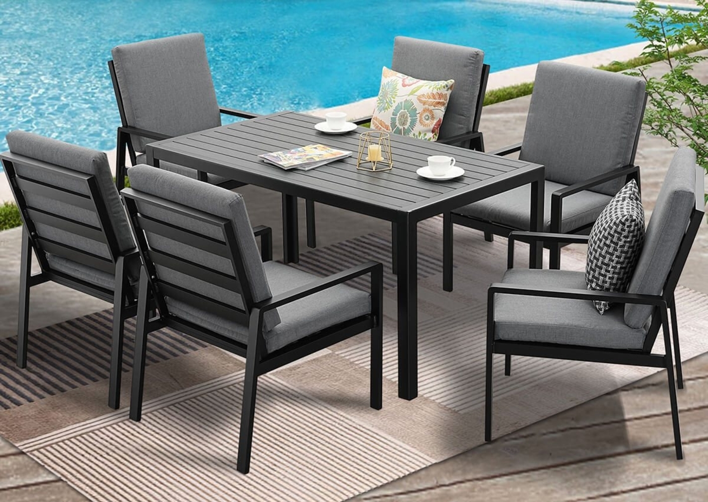 MeXo Gartenlounge-Set Gartengarnitur Set Aluminium, (Garten Essgruppe für 6 Personen, 7-tlg, 6 Sessel, 1 Esstisch, inkl. Auflagen), Gartenmöbel Set wetterfest und platzsparende Bild 1