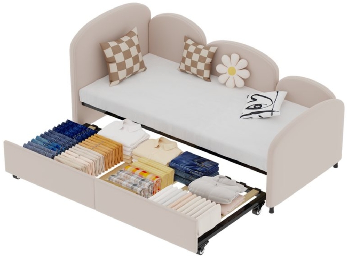 HAUSS SPLOE Kinderbett 90×200cm Polsterbett Schlafsofa mit Ausziehbett, Sicherheitsrand Design (Samt gepolstertes Stauraumbett in Blumenform mit Schubladen –, Sicheres und praktisches Kindertagesbett fürAlle Zimmer), Ohne Matratze Bild 1