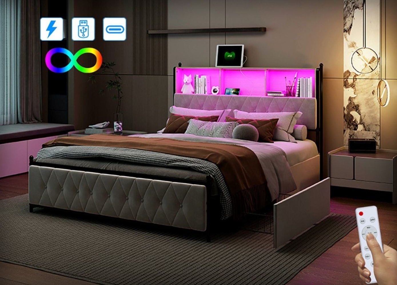 FUROKOY Polsterbett Doppelbett Stauraumbett mit USB+Type C und LED-Beleuchtung, 160x200 cm,Gepolstert,Schubladen mit Rädern,Samt Bild 1