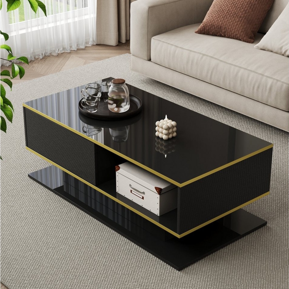 MODFU Couchtisch Goldene Dekorstreifen (Satztisch, Wohnzimmertisch, Beistelltisch, 1-St, 3 Schubladen, 1 offenen Fach), mit farbwechselndem LED-Lichtstreifen Bild 1