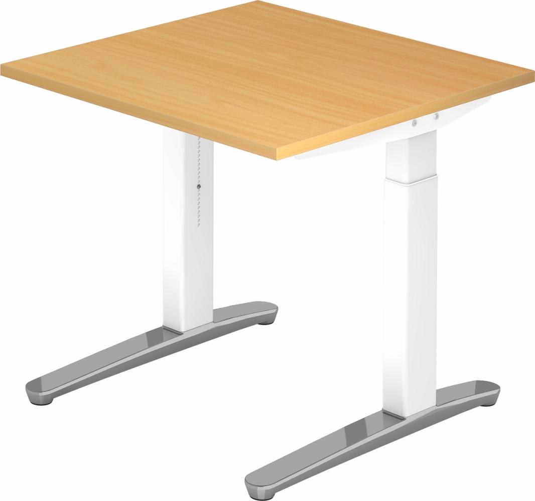 bümö® Design Schreibtisch XB-Serie höhenverstellbar, Tischplatte 80 x 80 cm in Buche, Gestell in weiß/alu poliert Bild 1