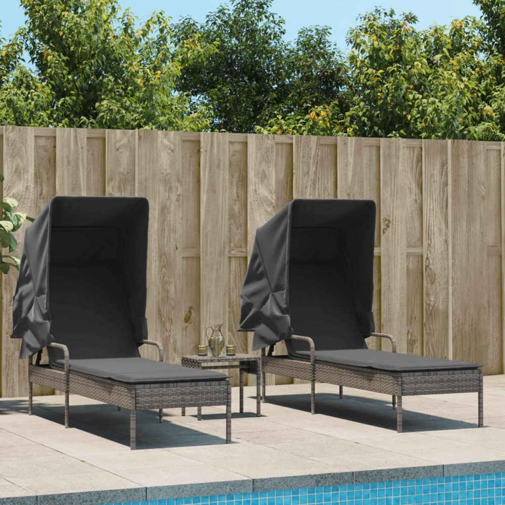 vidaXL Sonnenliegen 2 Stk. mit Dach und Tisch Grau Poly Rattan 3261571 Bild 1