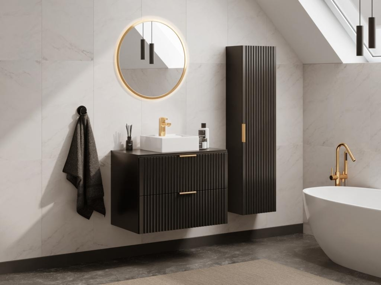 Vente-unique - Waschbeckenunterschrank hängend mit Aufsatzwaschbecken & Badhochschrank - Streifenoptik - Schwarz - 80 cm - ZEVARA Bild 1