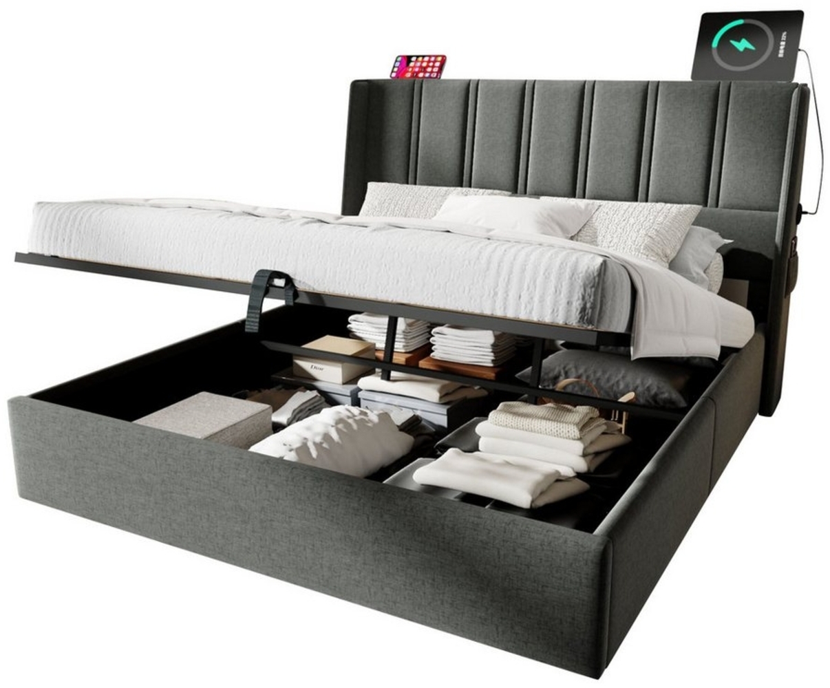 Flieks Polsterbett, Hydraulisches Doppelbett 160x200cm mit USB/Typ-C Laden + Seitentasche Bild 1