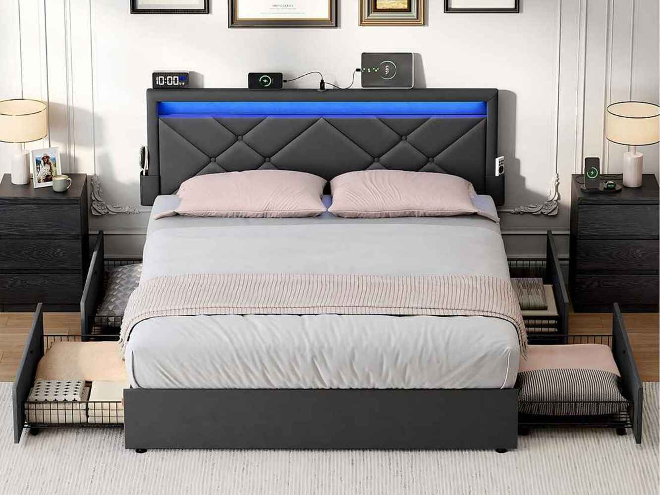 VASAGLE Doppelbettgestell, Bettgestell, 180 x 200 cm, LED, Metallbett, 4 Schubladen, Ladestation, verstellbares gepolstertes Kopfteil, dunkelgrau Bild 1