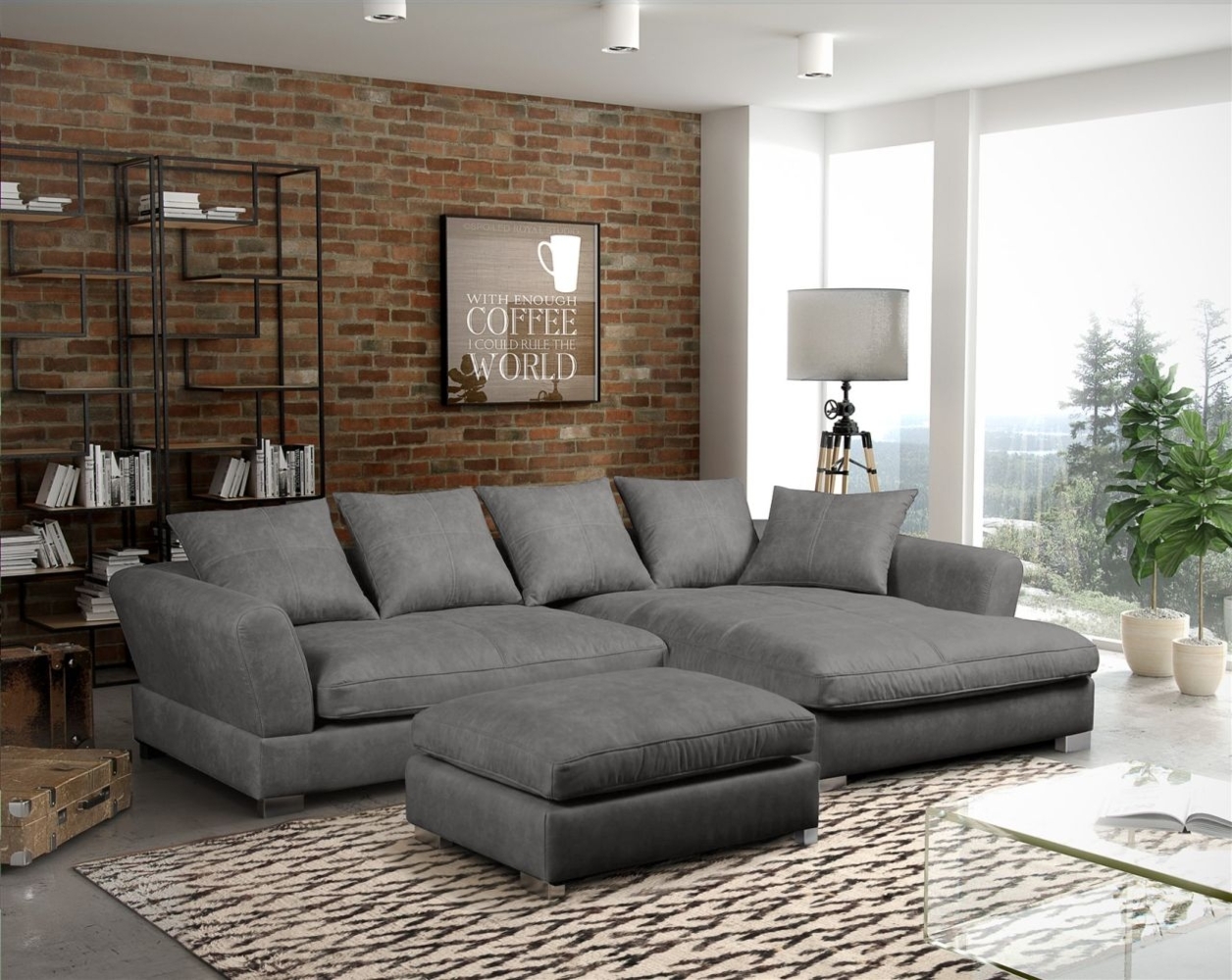Ecksofa TIZIAN inkl. Polsterhocker in Stoff Salvador Silbergrau Ottomane Rechts Bild 1