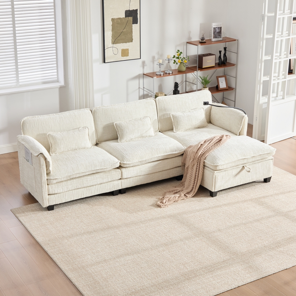 Flieks 3-Sitzer Schlafsofa aus Chenille, Ecksofa Mit USB-Anschluss, Seitentasche, Handyhalter und modularen Hockern, Beige Bild 1