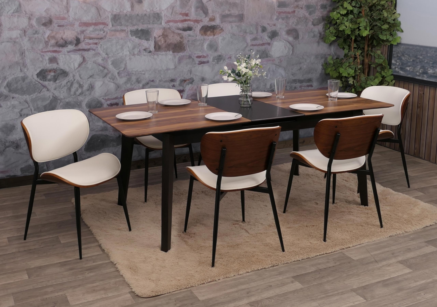 6er-Set Esszimmerstuhl HWC-O45, Stuhl, Bugholz Kunstleder 280g/m² Öko-Tex FSC® ~ Walnuss-Optik, weiß Bild 1