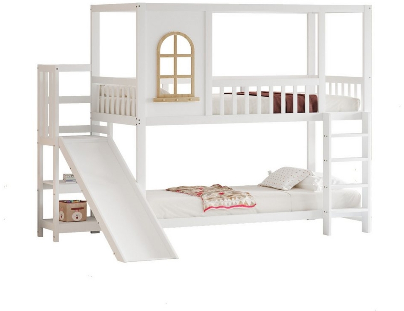 OKWISH Etagenbett Jugendbett Holzbett Gästebett Kinderbett Einzelbett (mit Rutsche, Sicherheitsgitter und Ablageflächen, Ideal für Jungen und Mädchen 90x200 cm), ohne Matratze Bild 1