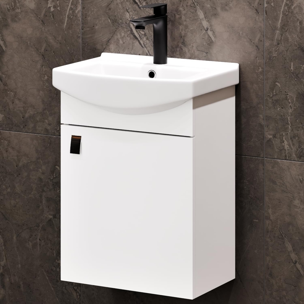 Planetmöbel Badmöbel Set aus Waschtisch mit Unterschrank 45cm in Weiß, Waschbecken und Armatur in Schwarz, Zeitloses Badezimmerset Bild 1