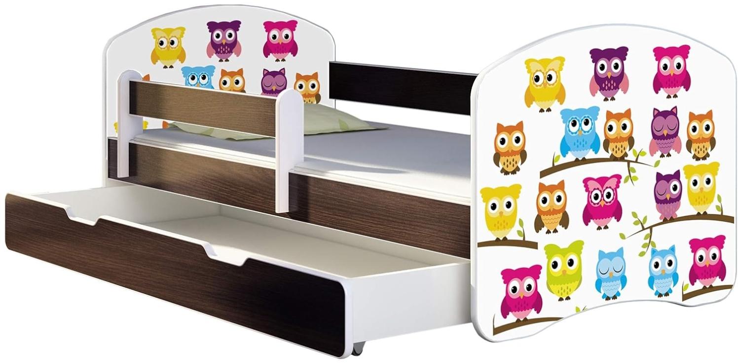 ACMA Kinderbett Jugendbett mit Einer Schublade und Matratze Wenge mit Rausfallschutz Lattenrost II 140x70 160x80 180x80 (31 Eule, 160x80 + Bettkasten) Bild 1