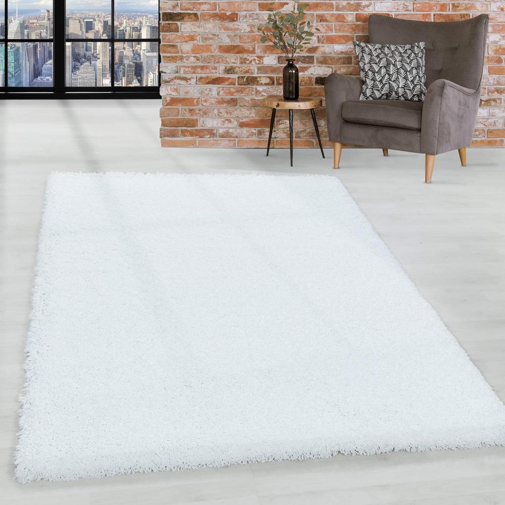 HomebyHome Shaggy Hochflor Teppich Wohnzimmer 140x200 cm Weiß - Teppich Flauschig, Modern, Plüsch und Extra Weich - Ideal für Schlafzimmer, Esszimmer und als Küchenteppich Bild 1