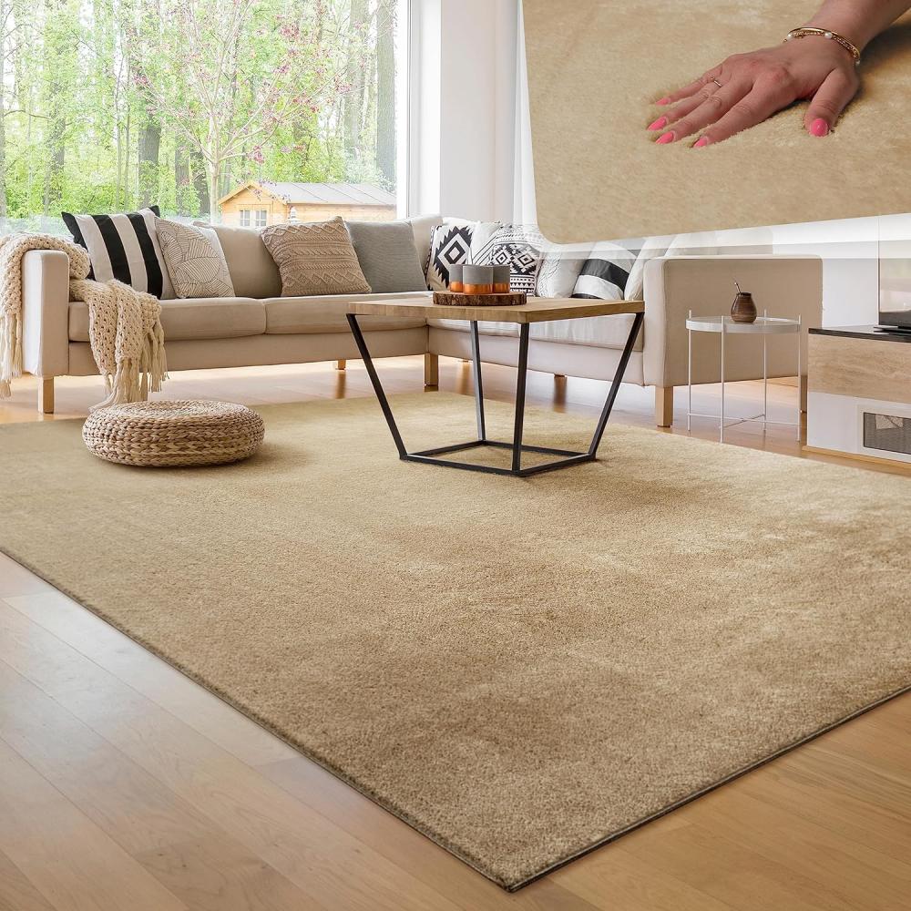 Paco Home Waschbarer Teppich Wohnzimmer Schlafzimmer Kurzflor rutschfest Flauschig Weich Moderne Einfarbige Muster, Grösse:160x220 cm, Farbe:Beige 2 Bild 1