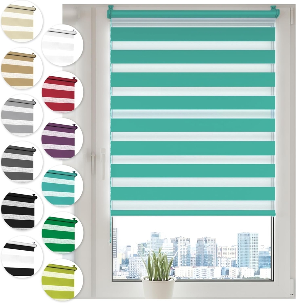 Doppelrollo Klemmfix ohne Bohren 110x150 cm Türkis Duo Rollo Klemmrollo Sonnenschutzrollo Fensterrollo für Fenster & Türen Zebrarollo Seitenzugrollo Bild 1