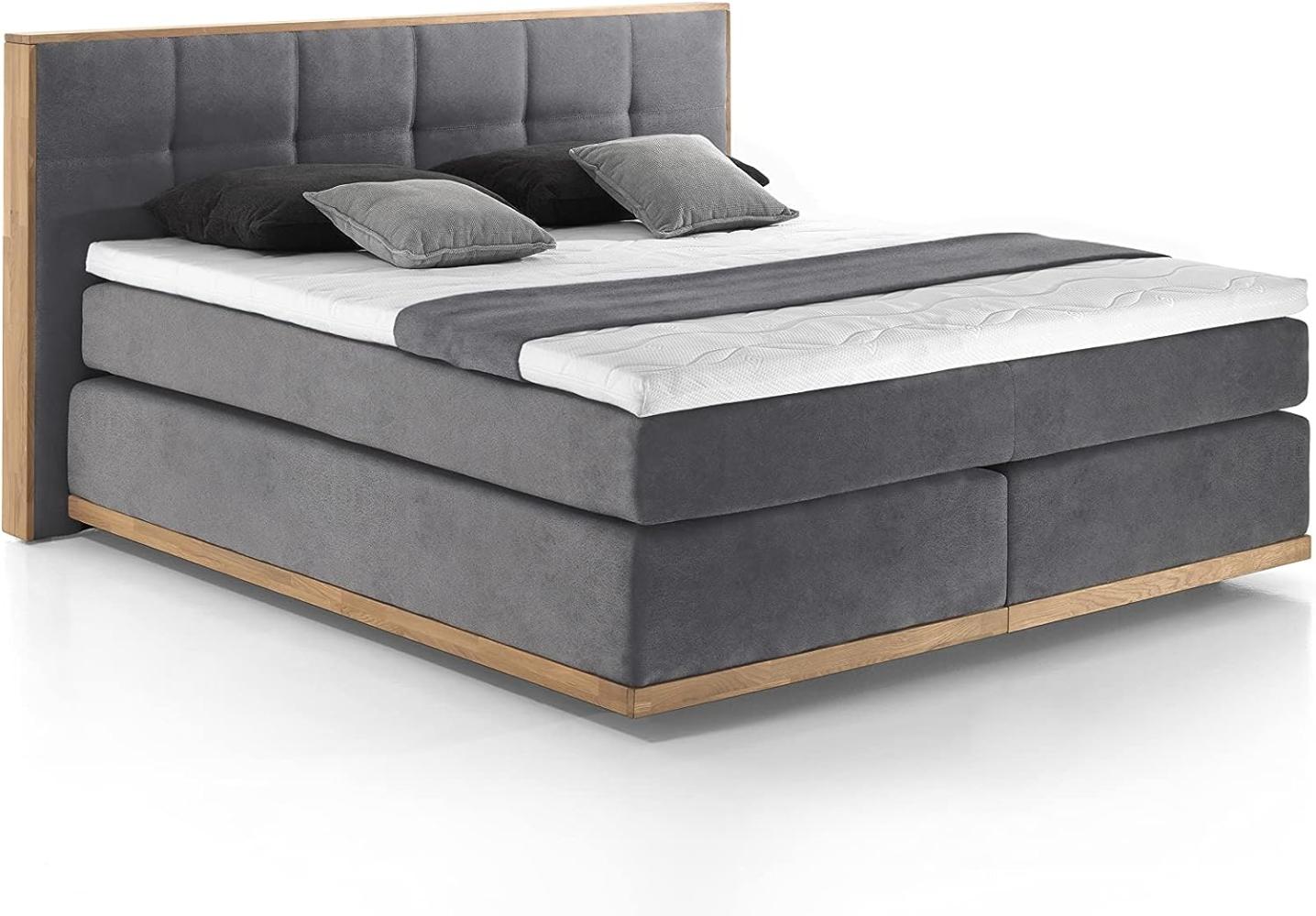 Mivano Levana Boxspringbett mit Sockel aus Eiche, 7-Zonen-Federkern, Matratzen H2 + Topper Basic, Mikrofaser, Dunkelgrau, Liegefläche 180 x 200 cm Bild 1