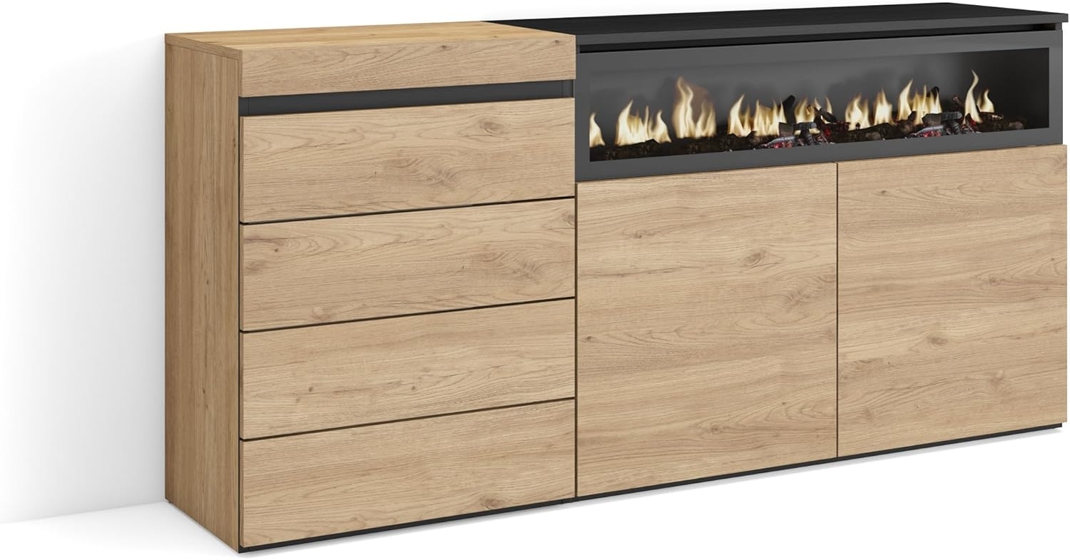 Skraut Home | Kommode mit Schubladen | Aufbewahrungsschrank | 157 x 75 x 35 cm | Für Schlafzimmer, Zimmer | Elektrokamin. | Moderner Stil | Eiche Bild 1