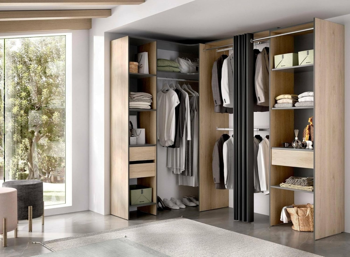 Dmora - Großer Kleiderschrank Bazena, Schlafzimmermöbel, Schrank, Garderobe, 214x141 h205 cm, Anthrazit und Eiche Bild 1