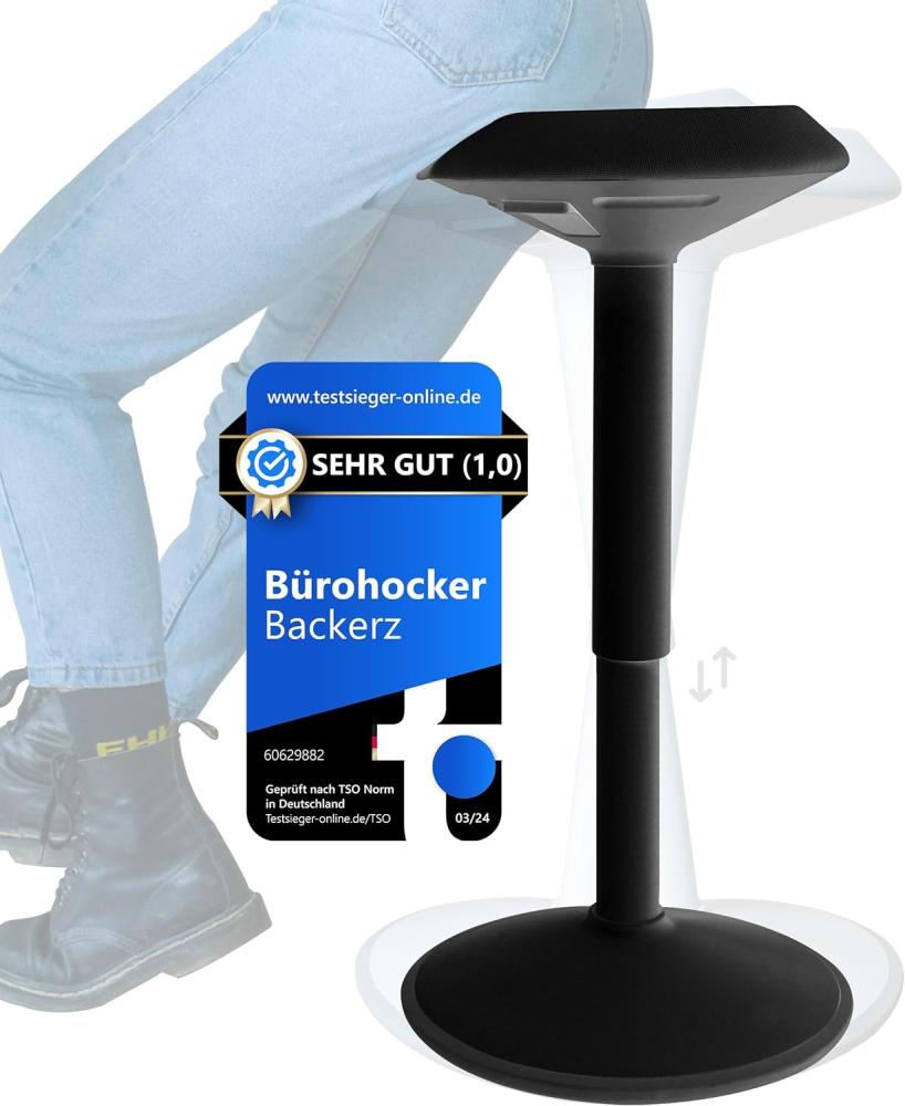 Backerz ergonomischer Wackel-Hocker - Bürohocker mit 55-80 cm Höhenverstellbar, Stehhocker, Arbeitshocker, kompakter Sitzhocker für Heim und Büro - Bezogen mit wasserabweisendem Stoff, Mattschwarz Bild 1