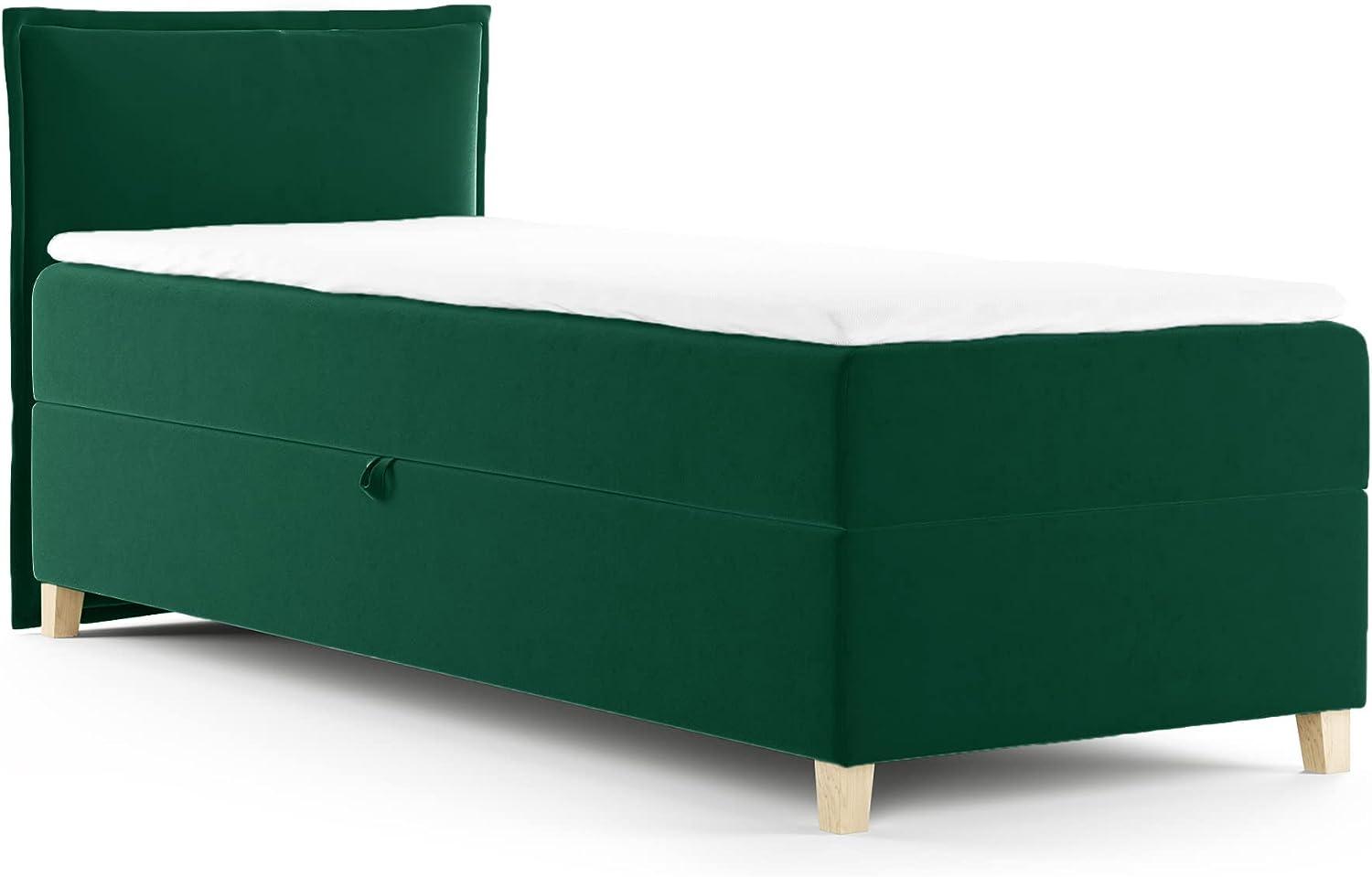 Boxspringbett Fren Mini mit Bettkasten - Einzelbett mit Bonell-Matratze und Topper, Polsterbett mit Holzfüße, Bett, Kinderzimmer (Dunkelgrün (Kronos 19), 80x200 cm) Bild 1