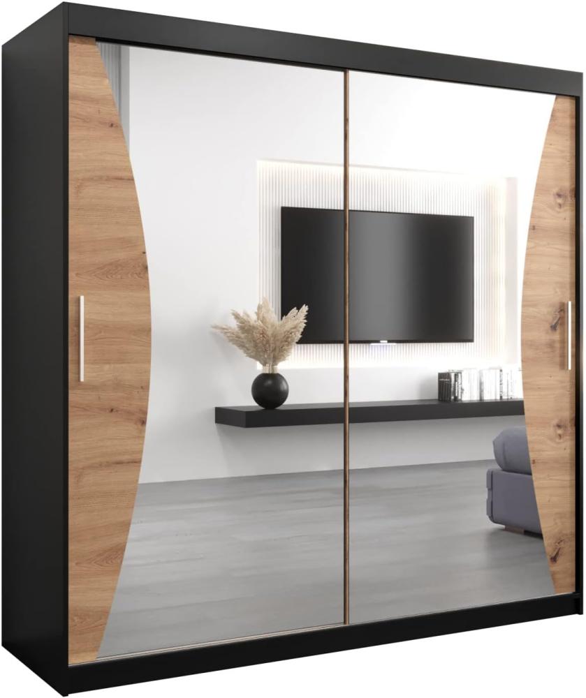 Kryspol Schwebetürenschrank Monaco 200 cm mit Spiegel Kleiderschrank mit Kleiderstange und Einlegeboden Schlafzimmer- Wohnzimmerschrank Schiebetüren Modern Design (Schwarz + Artisan Eiche) Bild 1