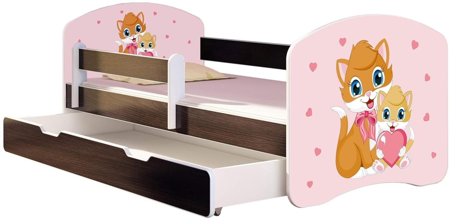 ACMA Kinderbett Jugendbett mit Einer Schublade und Matratze Wenge mit Rausfallschutz Lattenrost II 140x70 160x80 180x80 (33 Miezekatzen, 140x70 + Bettkasten) Bild 1