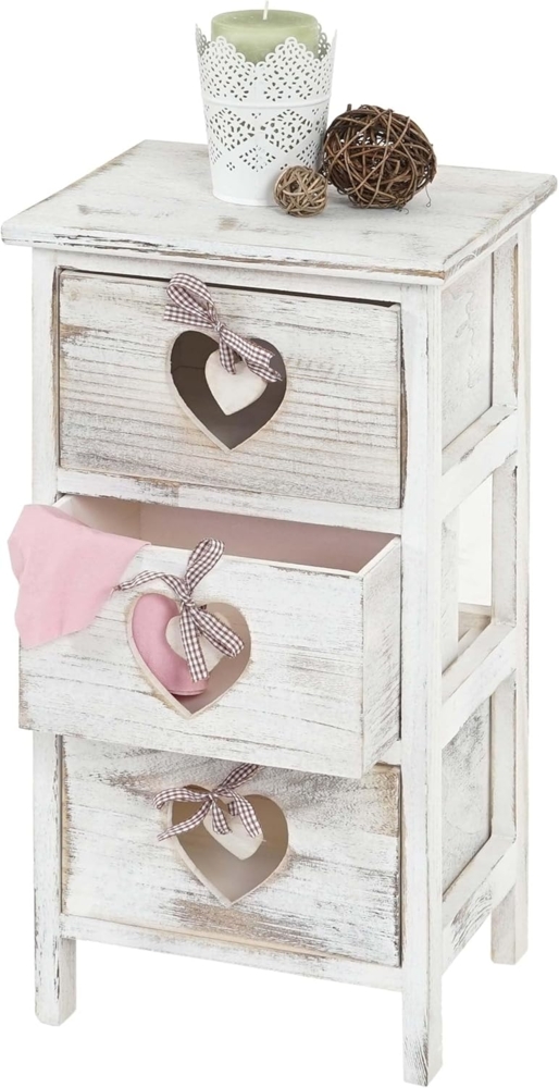 Kommode Forli, Schubladenkommode Schrank, 3 Schubladen mit Herzen 55x29x25cm, Shabby-Look, Vintage ~ weiß Bild 1