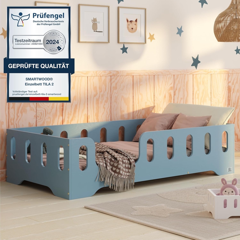 smartwood Kinderbett Bodenbett 80x190 mit Rausfallschutz & Lattenrost - Blau - Kinder Montessori Bett TILA 2L mit glatten Kanten - Betten für schnelle Montage - Bis 230 kg belastbar Bild 1