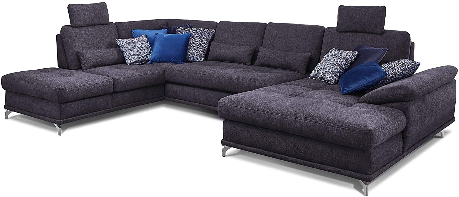 Cavadore Wohnlandschaft Castiel mit Federkern / Großes U-Form-Sofa mit Schlaffunktion, Bettkasten, Sitztiefenverstellung und Kopfstützen / 368 x 114 x 232 / Webstoff, Dunkelblau Bild 1