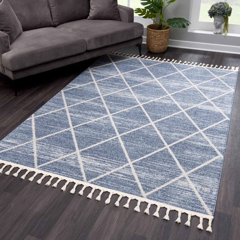 Teppich Wohnzimmer Kurzflor - Blau Cream - 80x150 cm – Deko mit Fransen - Rauten Muster Boho Schlafzimmer Flur Dekoration Läufer Kinderzimmer - Skandinavische Teppiche Bild 1