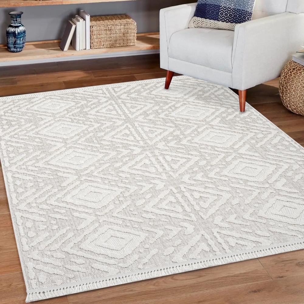 Teppich Wohnzimmer - 160x230cm - Boho - Beige - Modern Rauten Muster - Frasen-Teppiche Flachflor Wohnteppich Schlafzimmer Deko Bild 1