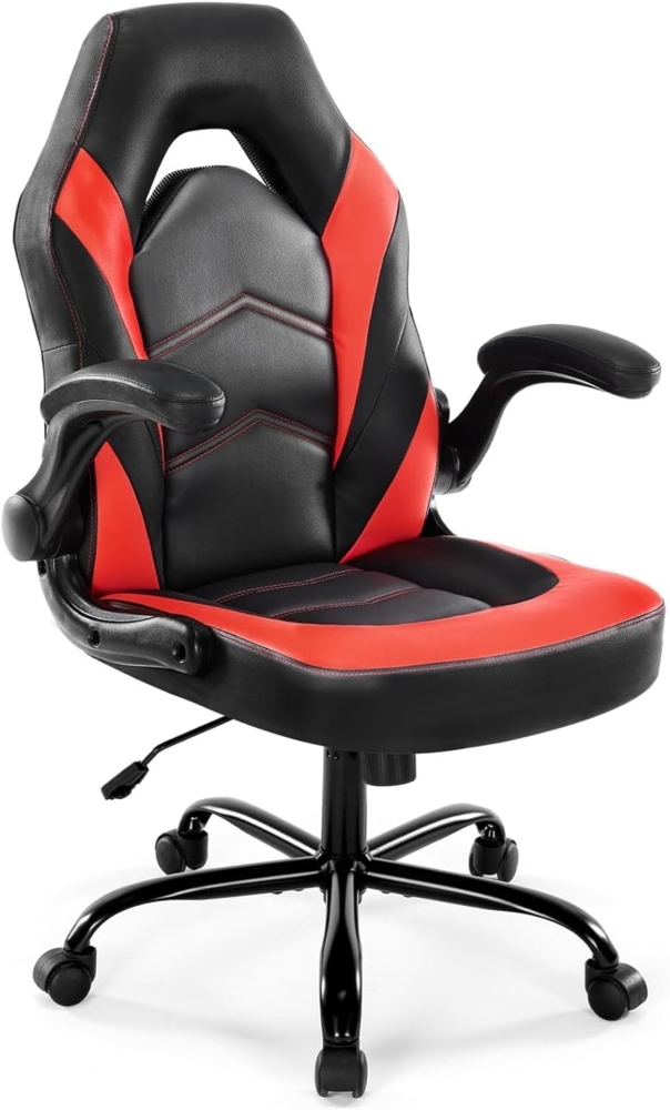 DUMOS Gaming Stuhl - Ergonomischer Gaming Sessel, Verstellbarer Drehbarer Gamingstuhl aus PU-Leder mit klappbaren Armlehnen, Geeignet für Zuhause, Büros usw(Schwarz-Rot) Bild 1