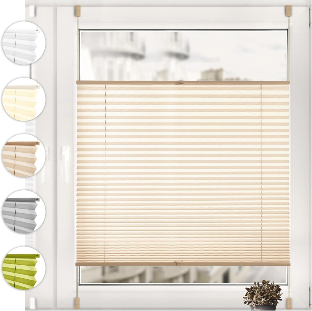 Sonello Plissee Klemmfix ohne Bohren 50cm x 140cm Beige Faltrollo Plisseerollo Jalousie für Tür & Fenster Blickdicht Sichtschutz Sonnenschutz Fertifplissee Rollo Bild 1