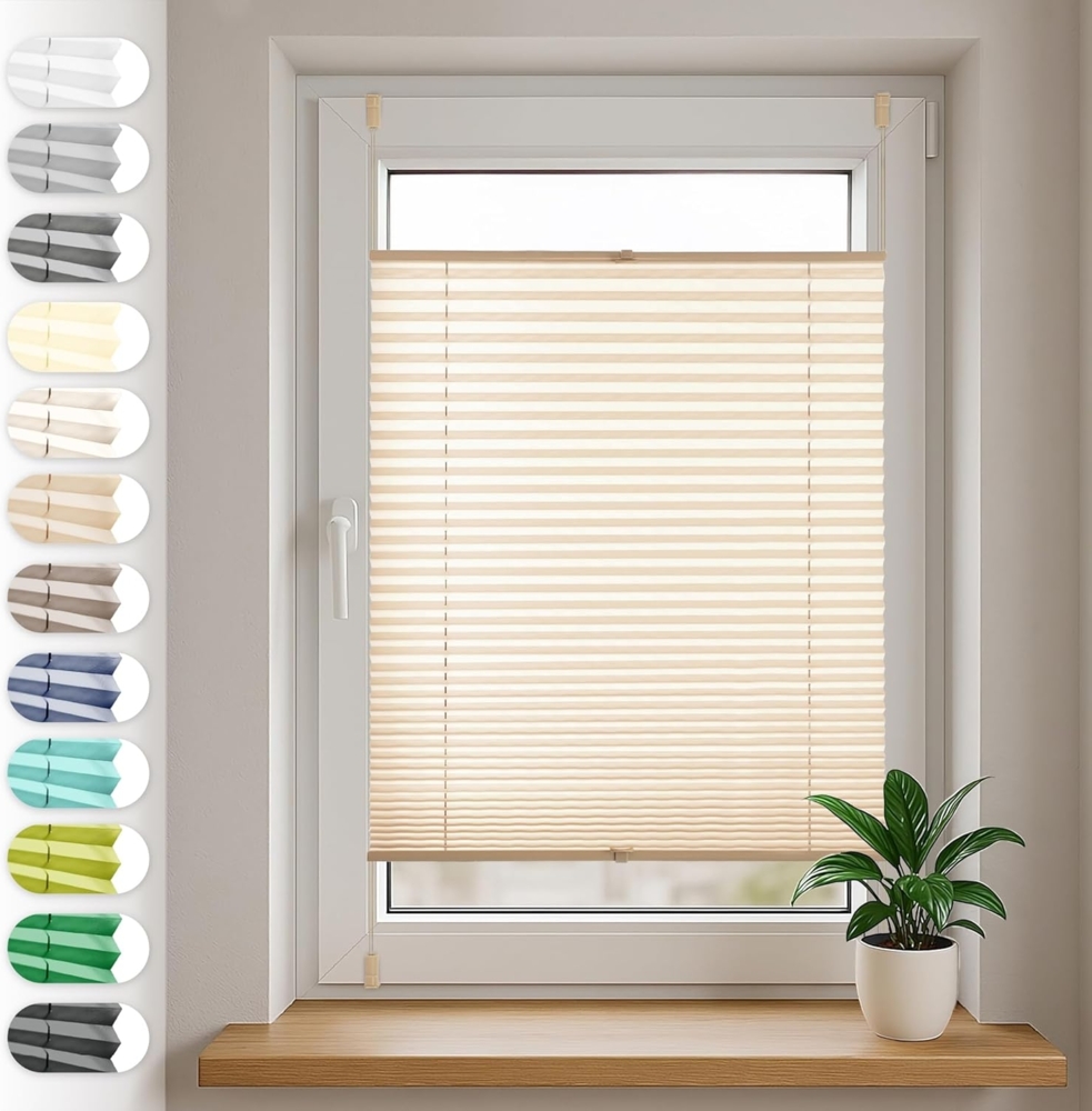 Sonello Plissee Klemmfix ohne Bohren 50x140 cm Beige Faltrollo Plisseerollo Jalousie für Tür & Fenster Blickdicht Sichtschutz Sonnenschutz Fertifplissee Rollo Bild 1