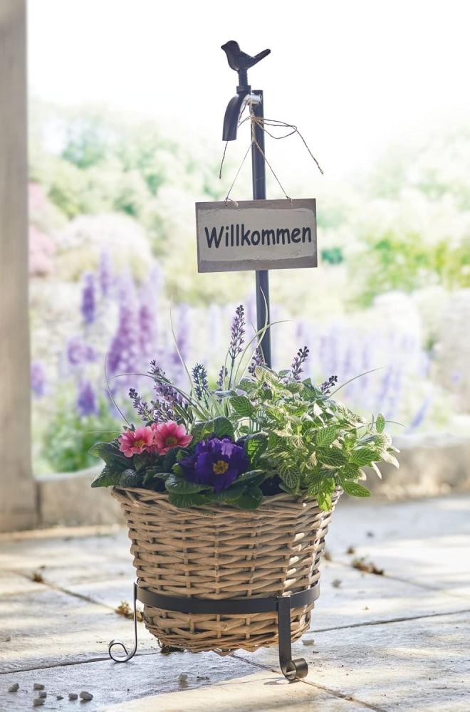 Pflanzkübel "Willkommen" mit Vögelchen, aus Metall mit Pflanztopf aus Weide, Blumenkübel, Eingangsdeko, Pflanzgefäß für Draußen Bild 1