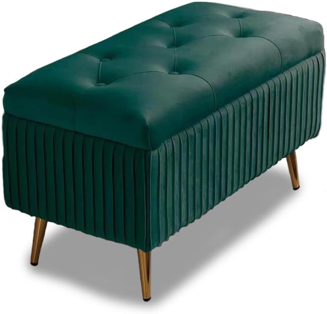 Bakaji Samt Sitzbank, Rechteckige Polsterbank Schminkbank Mit Stauraum, Truhenbank, Gepolsterter Aufbewahrungsbox, Metallbeine, Schlafzimmer, Wohnzimmer, Flur, 80 x 40 x 45 cm, (Grün) Bild 1